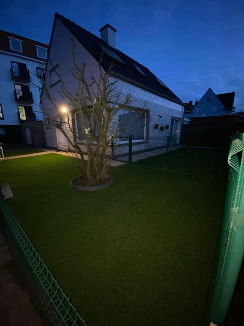 Afgewerkte tuin in Heist met kunstgras rond een oude boom, bij avond